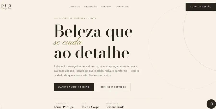Entrada do site do Duo Beauty Care, com o convite para marcar sessão