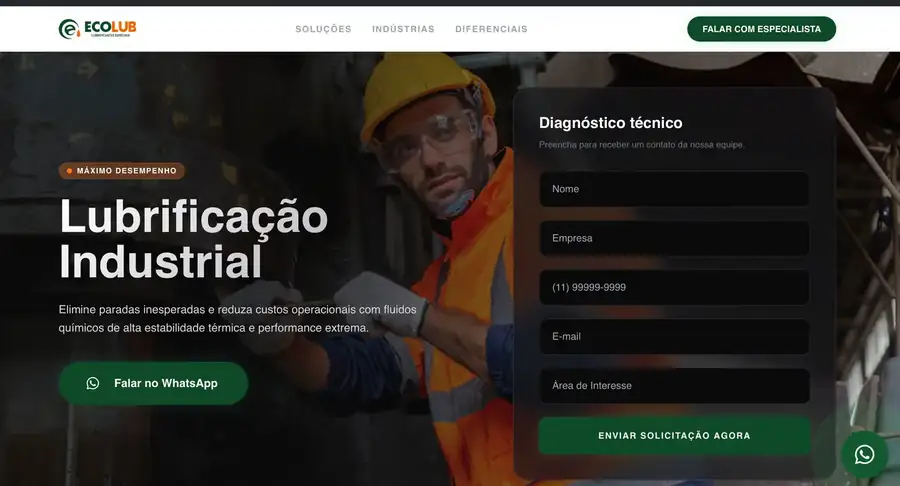 Entrada da página de campanha da Ecolub, com o formulário de diagnóstico técnico