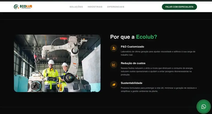 Secção com os três argumentos da campanha: P&D, redução de custos e sustentabilidade