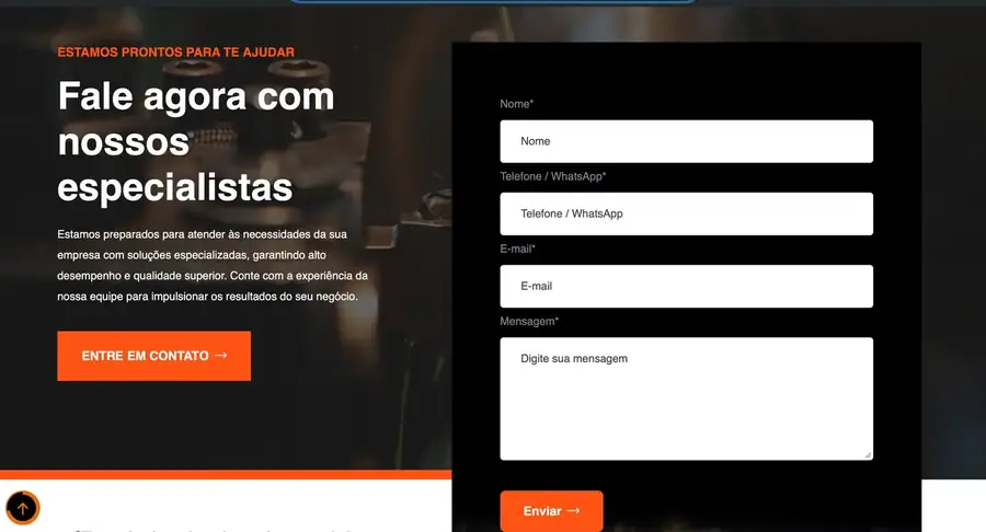 Página de contacto, com o formulário de pedido de orçamento