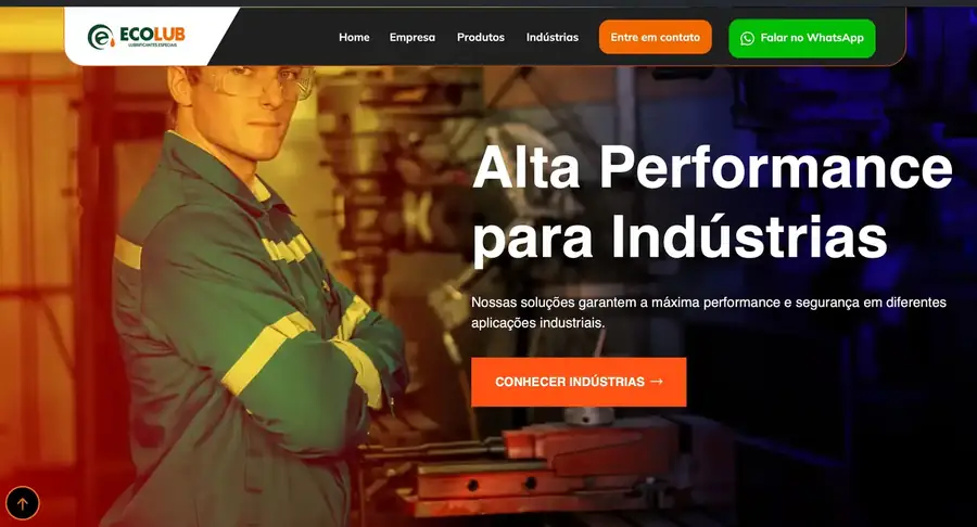 Entrada do site da Ecolub Química, com o cabeçalho, o contacto e o WhatsApp