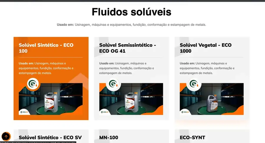 Página de fluidos solúveis, com os produtos da linha e a aplicação de cada um
