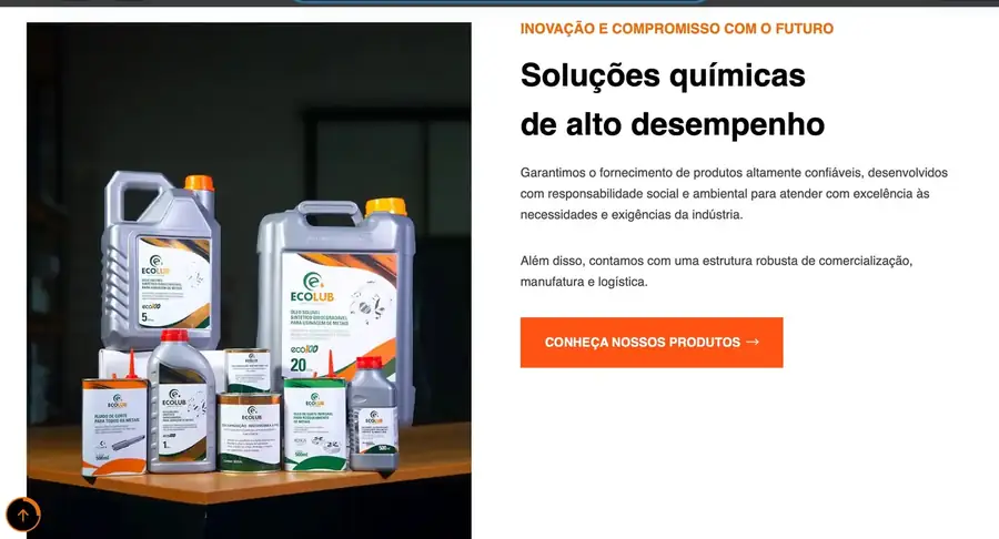Secção institucional com a apresentação das soluções químicas e a linha de produtos