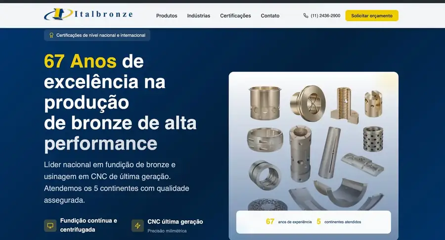 Entrada da página da Italbronze, com a história e a capacidade produtiva