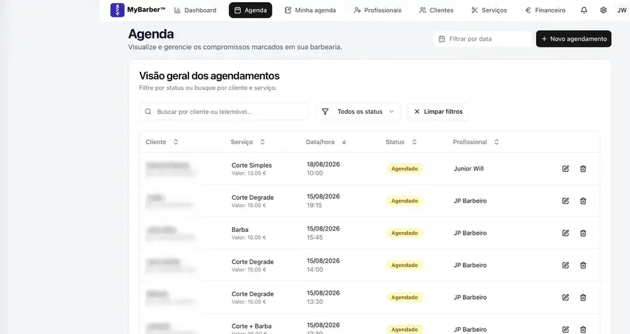 Lista de marcações da barbearia, com filtros por estado e pesquisa