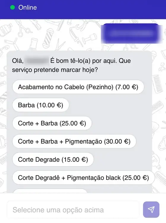 Lista de serviços da barbearia dentro da conversa