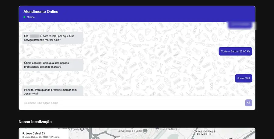 Página pública da barbearia num computador, com o assistente de marcação e o mapa