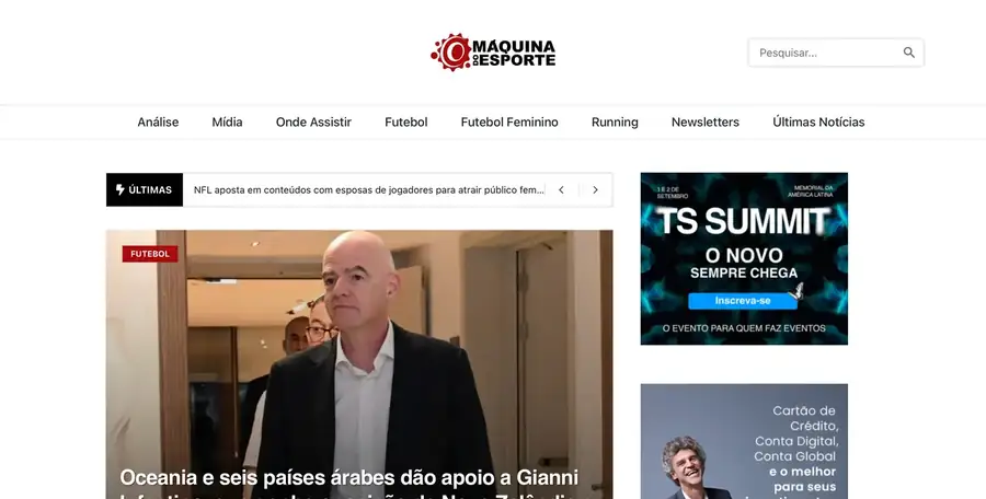 Página inicial da Máquina do Esporte, com manchete, últimas notícias e espaço comercial