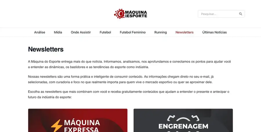 Página de newsletters, com apresentação de cada publicação
