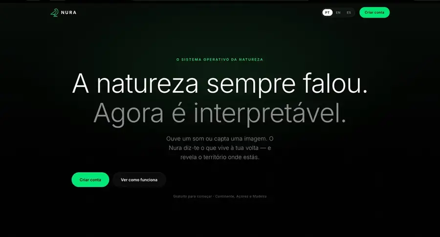 Entrada do hotsite do Nura, com a frase de abertura e a ação principal