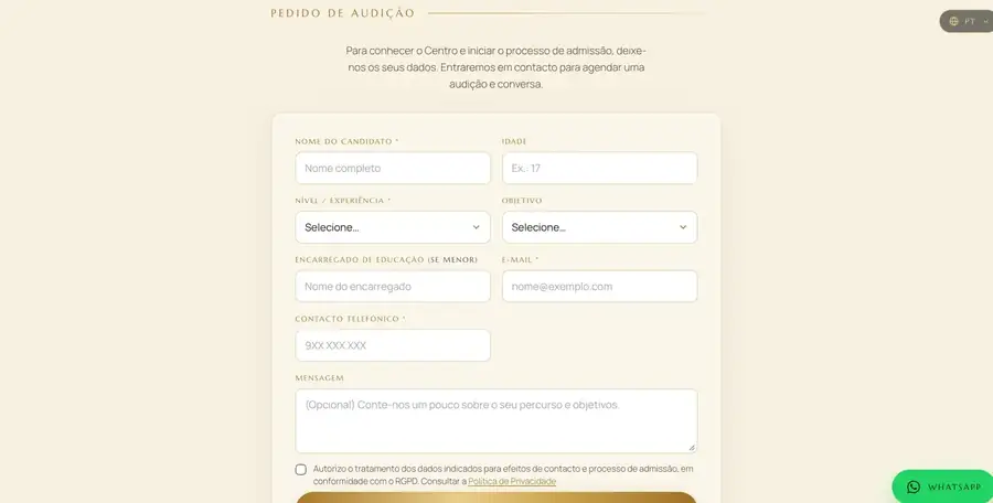 Formulário de pedido de audição, com os campos de candidatura e o consentimento