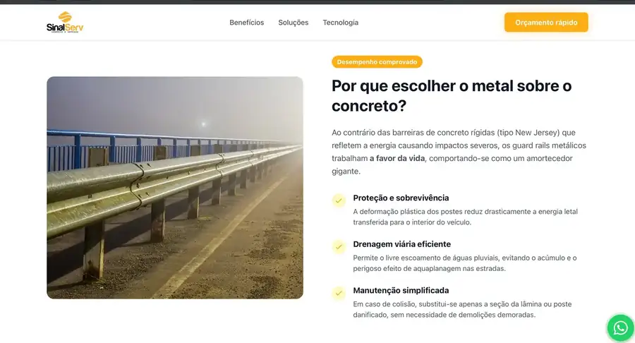 Secção que compara a defensa metálica com a barreira de concreto